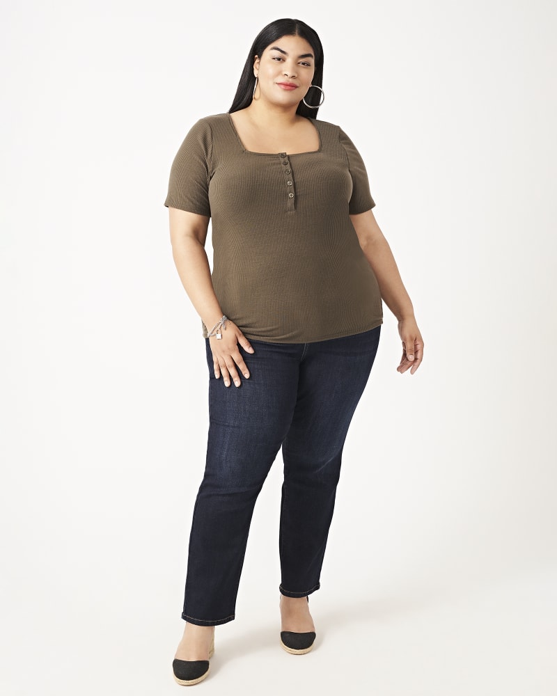 Plus size model with hourglass body shape wearing Charlotte Ribbed Henley Top by Socialite | Dia&Co | dia_product_style_image_id:161069